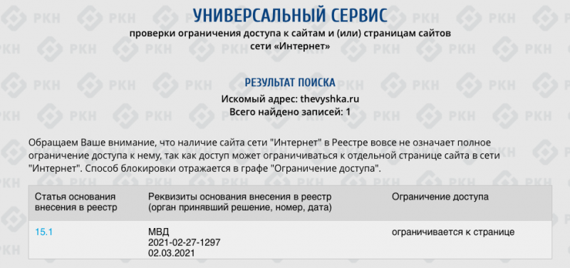Роскомнадзор заблокировал сайт студенческого издания The Vyshka