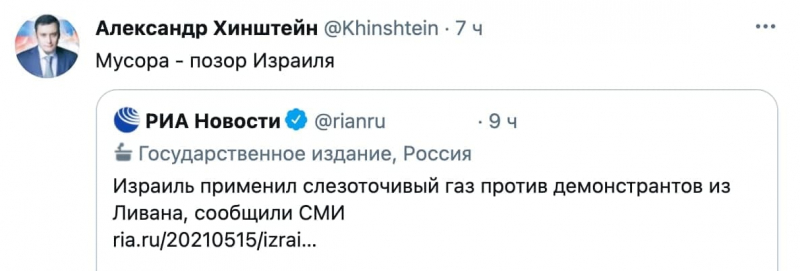 «Мусора — позор Израиля». Депутат-единоросс Хинштейн — о разгоне акций в поддержку Палестины