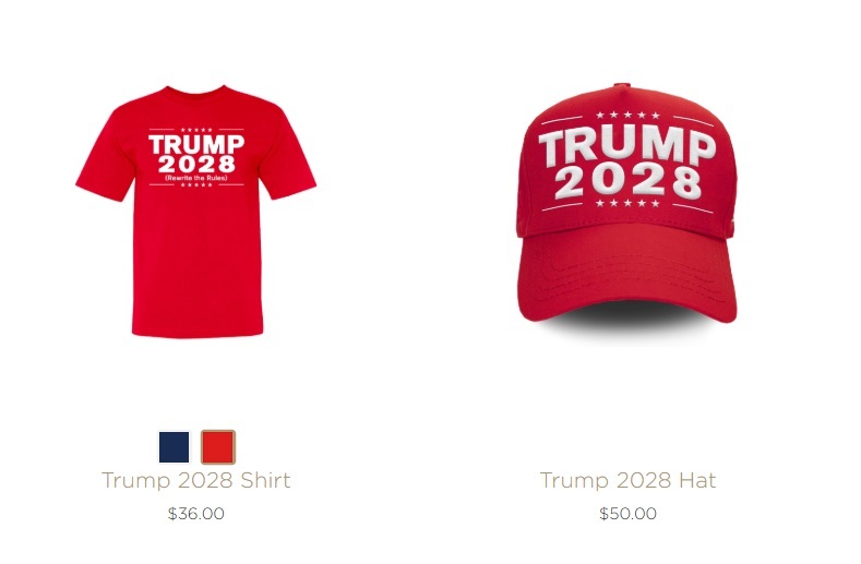 В магазине мерча Трампа в продаже появились футболки и кепки с эмблемой «Трамп 2028»