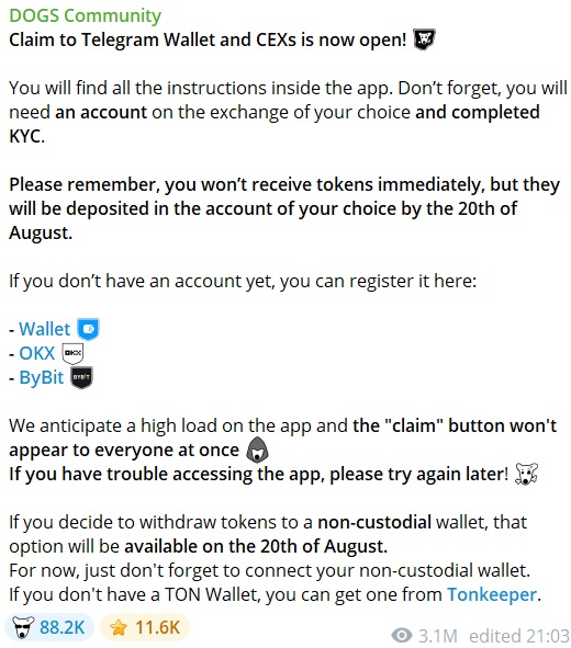 Разработчики «тапалки» DOGS открыли вывод своих токенов